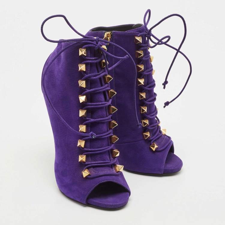 Pre Owned Giuseppe Zanotti Purple Nubuck Leather Studded Lace Up Ankle Booties Size 38