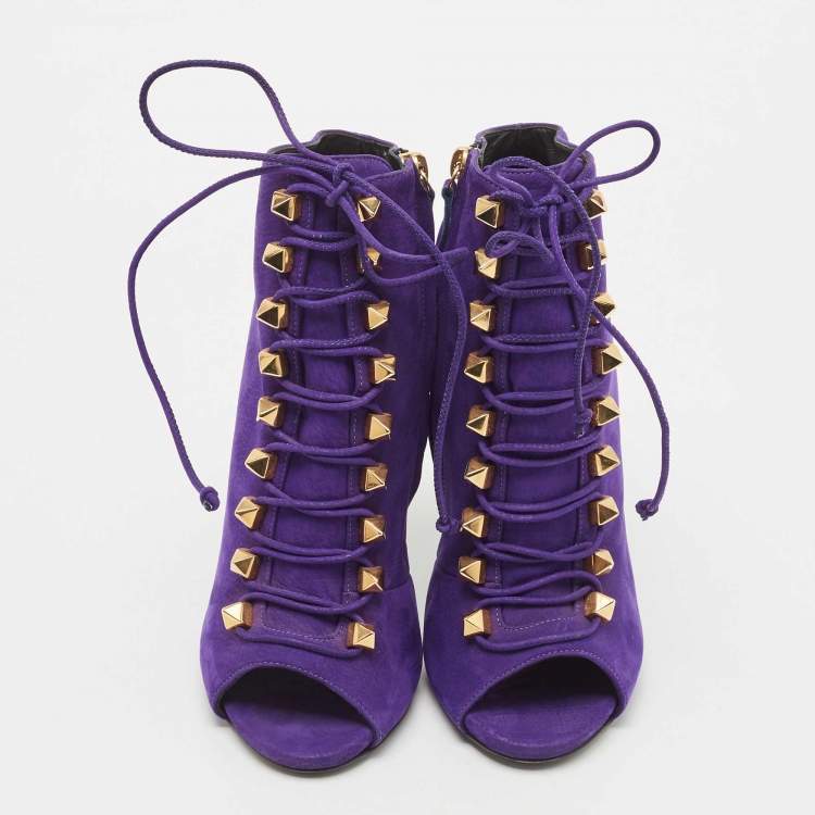 Pre Owned Giuseppe Zanotti Purple Nubuck Leather Studded Lace Up Ankle Booties Size 38