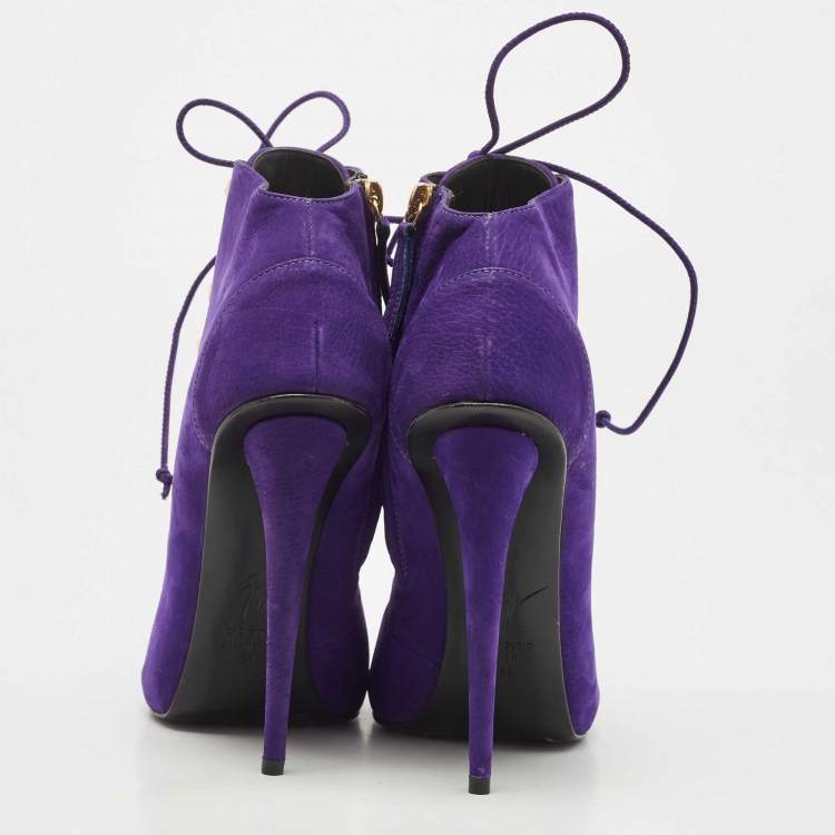 Pre Owned Giuseppe Zanotti Purple Nubuck Leather Studded Lace Up Ankle Booties Size 38