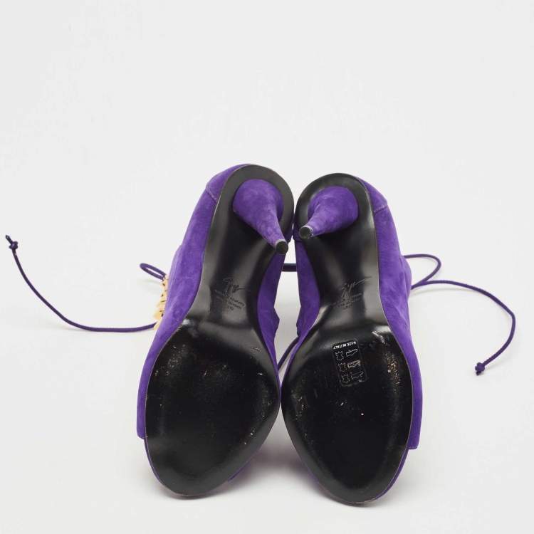 Pre Owned Giuseppe Zanotti Purple Nubuck Leather Studded Lace Up Ankle Booties Size 38