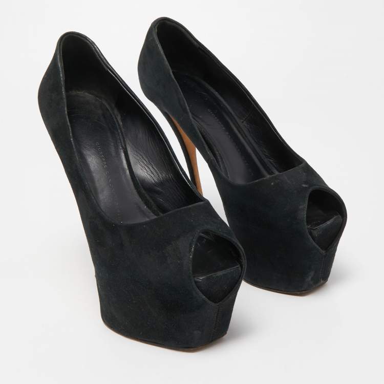 Pre Owned Giuseppe Zanotti Black Suede Liza Peep Toe Platform Pumps Size 39