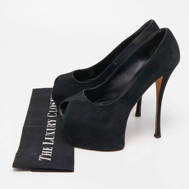 Pre Owned Giuseppe Zanotti Black Suede Liza Peep Toe Platform Pumps Size 39