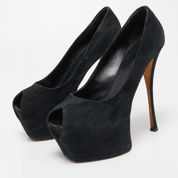 Pre Owned Giuseppe Zanotti Black Suede Liza Peep Toe Platform Pumps Size 39