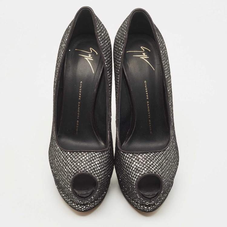 Pre Owned Giuseppe Zanotti Black Glitter and Mesh Platform Peep Toe Pumps Size 39