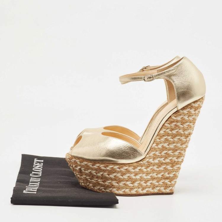 Pre Owned Giuseppe Zanotti Gold Leather Wedge Ankle Strap Espadrille Sandals Size 38