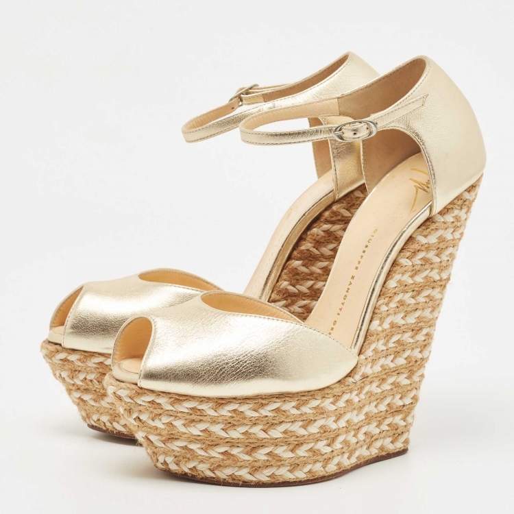 Pre Owned Giuseppe Zanotti Gold Leather Wedge Ankle Strap Espadrille Sandals Size 38