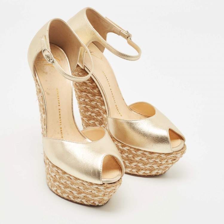Pre Owned Giuseppe Zanotti Gold Leather Wedge Ankle Strap Espadrille Sandals Size 38