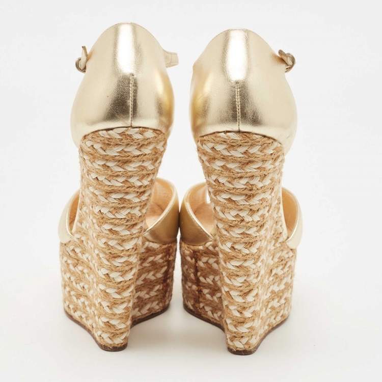 Pre Owned Giuseppe Zanotti Gold Leather Wedge Ankle Strap Espadrille Sandals Size 38