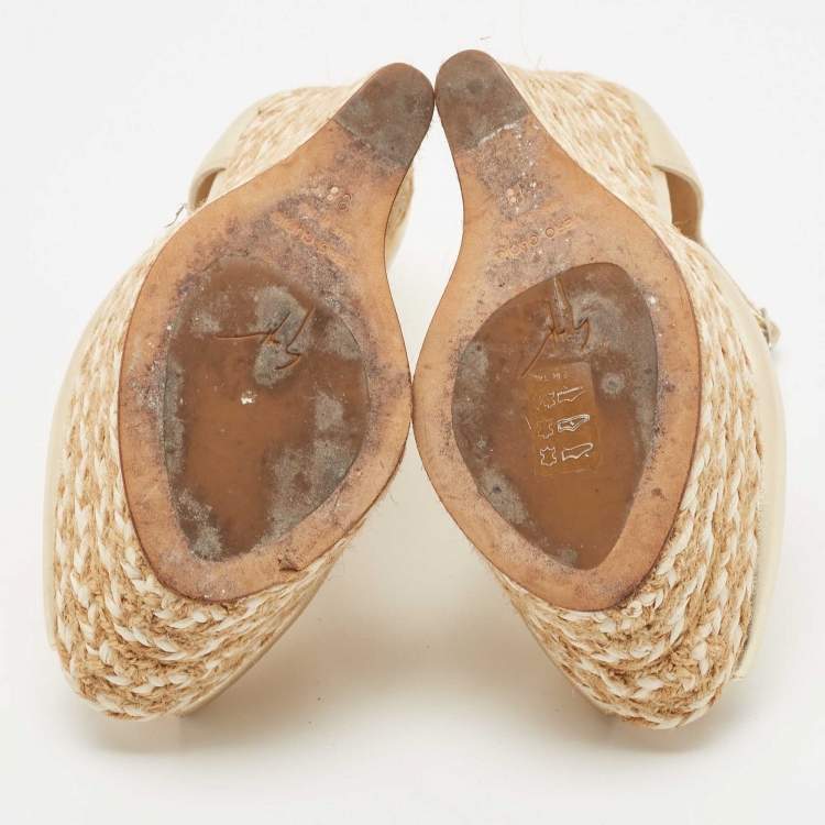 Pre Owned Giuseppe Zanotti Gold Leather Wedge Ankle Strap Espadrille Sandals Size 38