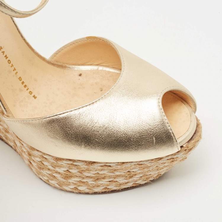Pre Owned Giuseppe Zanotti Gold Leather Wedge Ankle Strap Espadrille Sandals Size 38