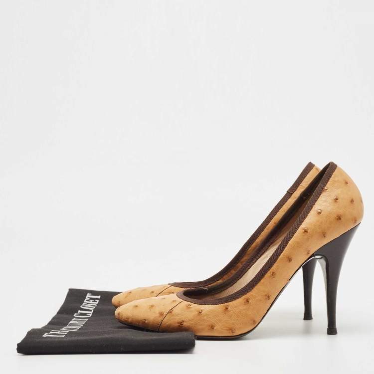 Pre Owned Giuseppe Zanotti Tan Ostrich Leather Round Toe Pumps Size 39.5