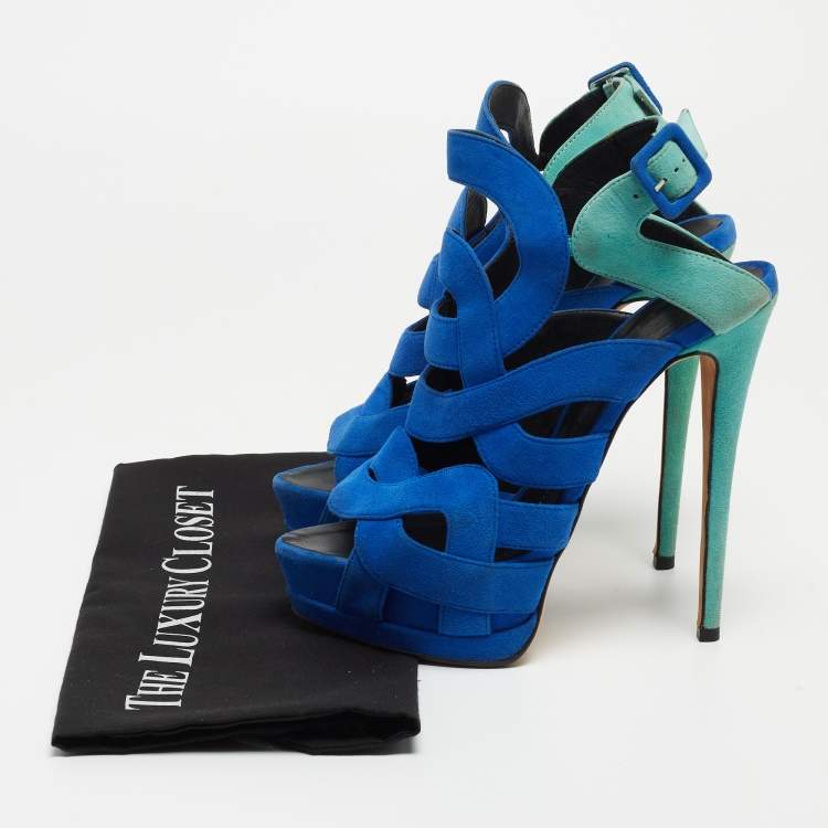 Pre Owned Giuseppe Zanotti Two Tone Suede Cutout Caged Slingback Platform Sandals Size 38.5