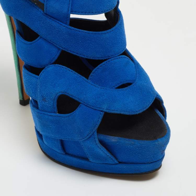 Pre Owned Giuseppe Zanotti Two Tone Suede Cutout Caged Slingback Platform Sandals Size 38.5