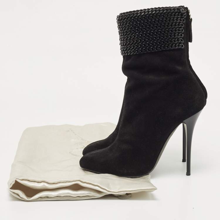Pre Owned Giuseppe Zanotti Black Suede and Chain Ankle Boots Size 38