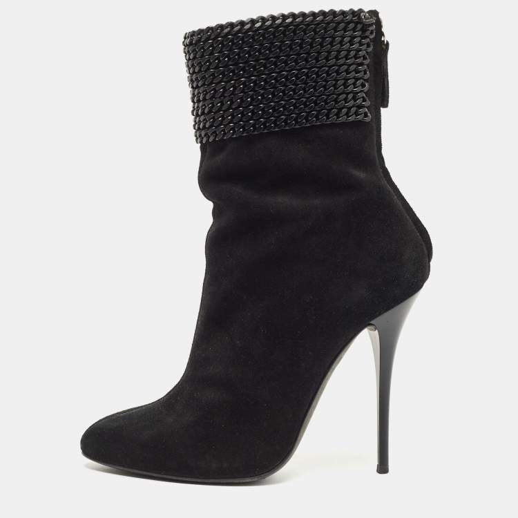 Pre Owned Giuseppe Zanotti Black Suede and Chain Ankle Boots Size 38