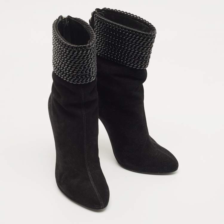 Pre Owned Giuseppe Zanotti Black Suede and Chain Ankle Boots Size 38