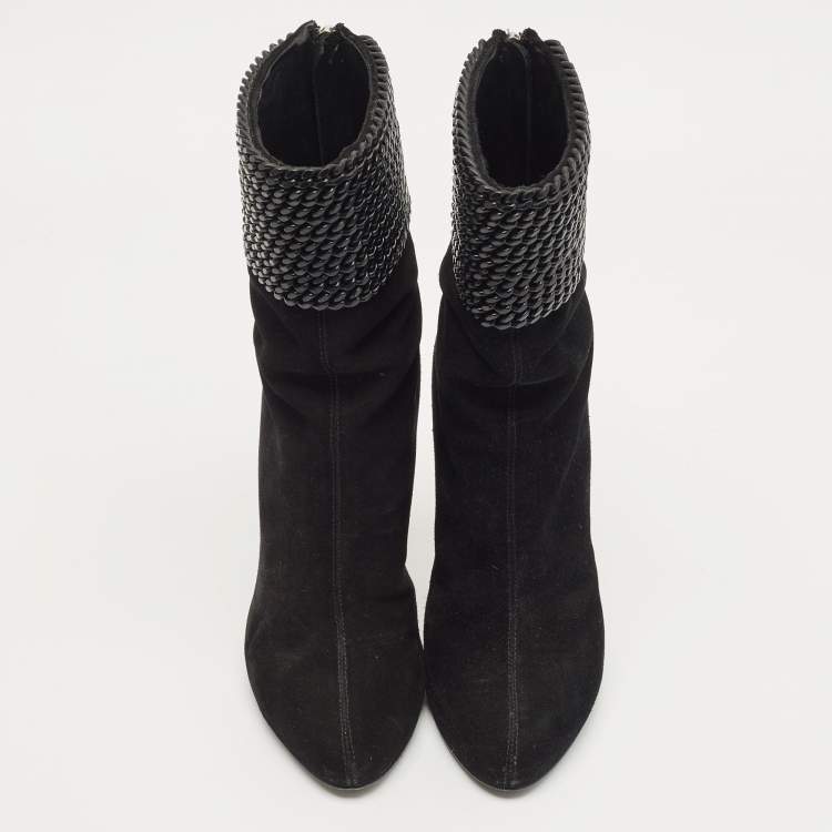 Pre Owned Giuseppe Zanotti Black Suede and Chain Ankle Boots Size 38