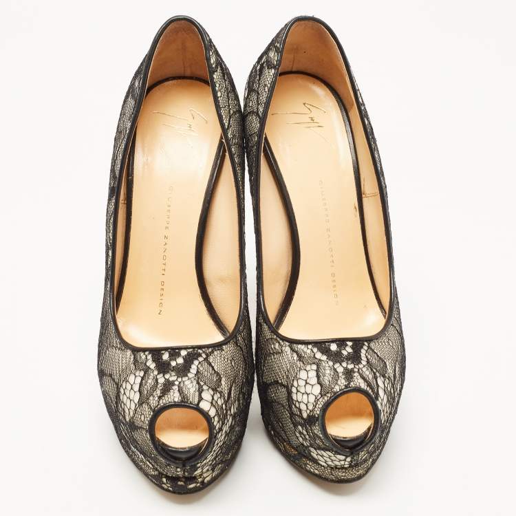 Pre Owned Giuseppe Zanotti Black/White Lace and Glitter Peep Toe Platform Pumps Size 38