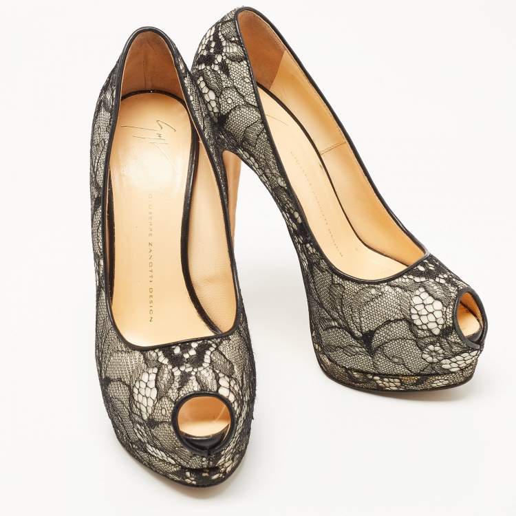 Pre Owned Giuseppe Zanotti Black/White Lace and Glitter Peep Toe Platform Pumps Size 38