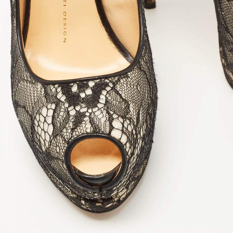Pre Owned Giuseppe Zanotti Black/White Lace and Glitter Peep Toe Platform Pumps Size 38