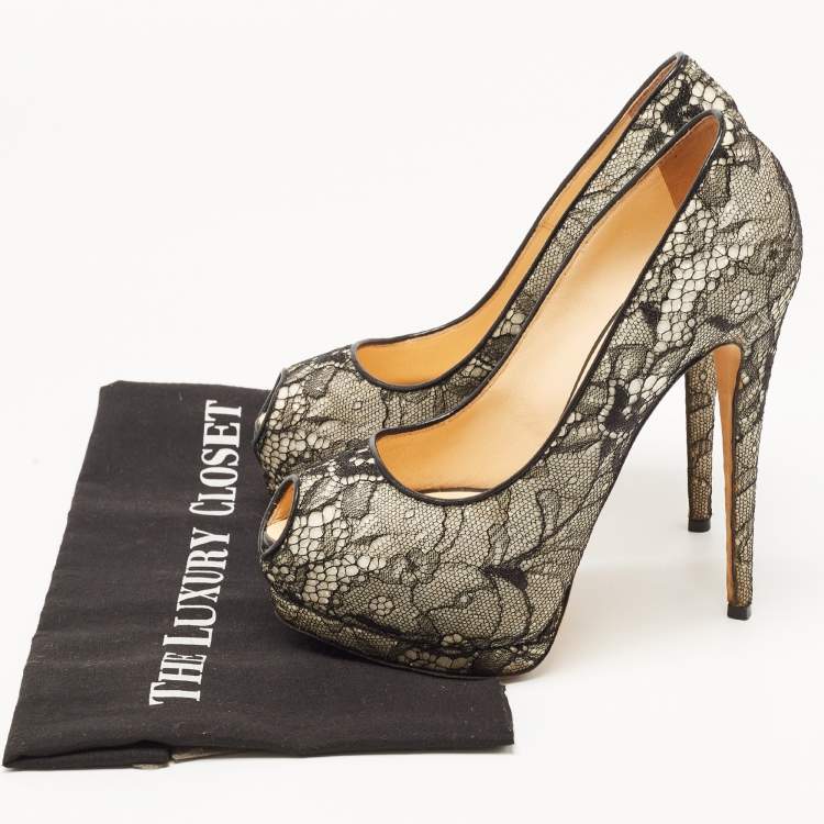 Pre Owned Giuseppe Zanotti Black/White Lace and Glitter Peep Toe Platform Pumps Size 38