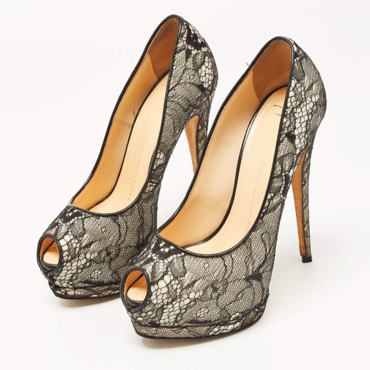 Pre Owned Giuseppe Zanotti Black/White Lace and Glitter Peep Toe Platform Pumps Size 38