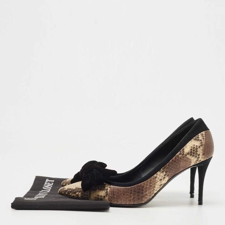 Pre Owned Giuseppe Zanotti Brown/Black Suede and Python Embossed Bow Pointed Toe Pumps Size 39