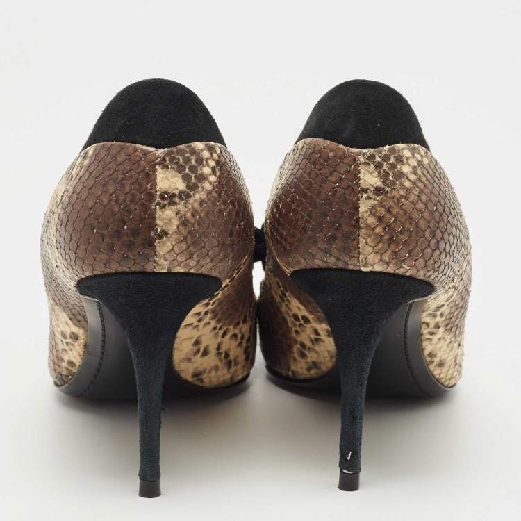 Pre Owned Giuseppe Zanotti Brown/Black Suede and Python Embossed Bow Pointed Toe Pumps Size 39