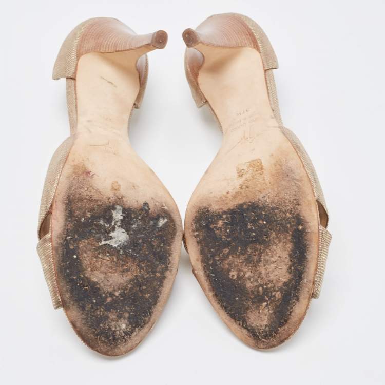 Pre Owned Giuseppe Zanotti Gold Textured Leather Crystal Embellished Open Toe D'orsay Pumps Size 37.5