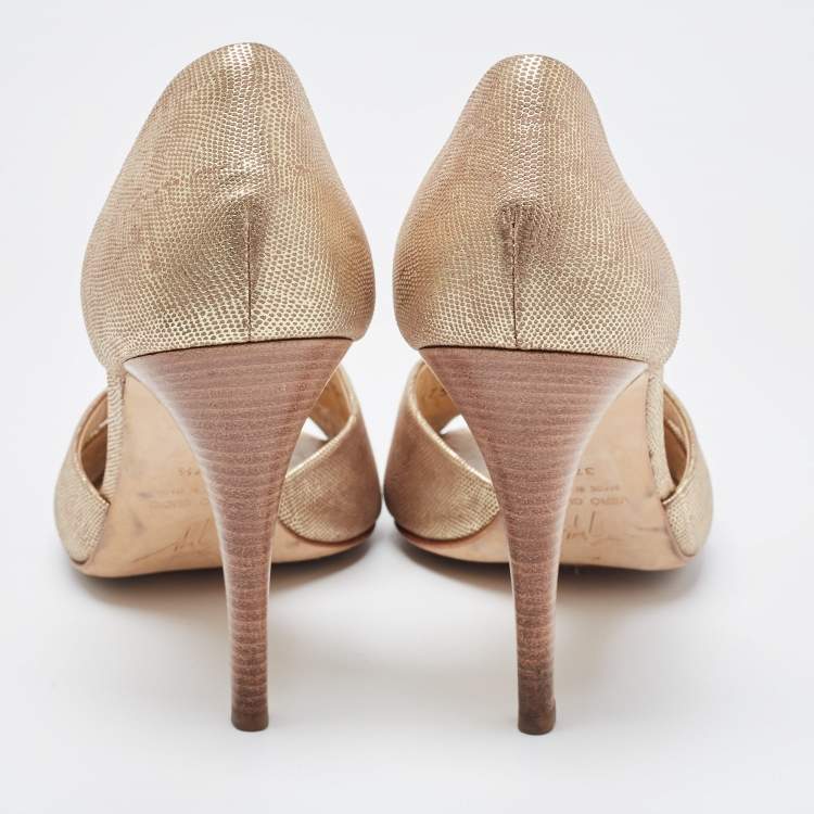 Pre Owned Giuseppe Zanotti Gold Textured Leather Crystal Embellished Open Toe D'orsay Pumps Size 37.5