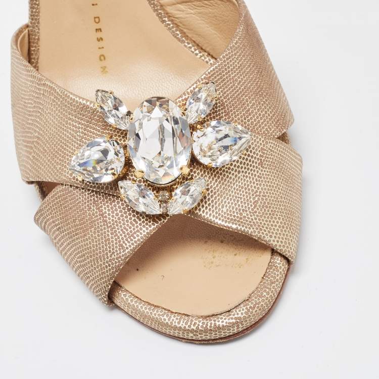 Pre Owned Giuseppe Zanotti Gold Textured Leather Crystal Embellished Open Toe D'orsay Pumps Size 37.5