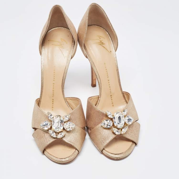Pre Owned Giuseppe Zanotti Gold Textured Leather Crystal Embellished Open Toe D'orsay Pumps Size 37.5