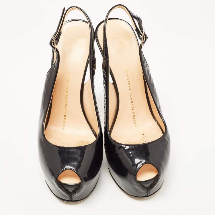 Pre Owned Giuseppe Zanotti Black Patent Leather Peep Toe Platform Slingback Pumps Size 36 