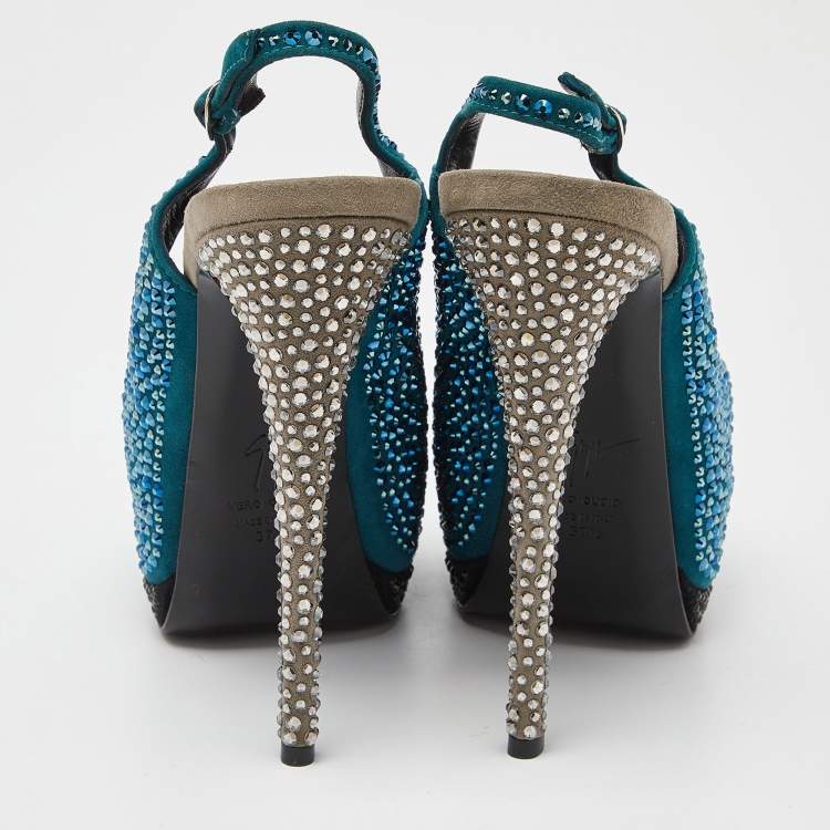 Pre Owned Giuseppe Zanotti Tri Color Suede Crystal Embellished Peep Toe Platform Slingback Sandals Size 37.5