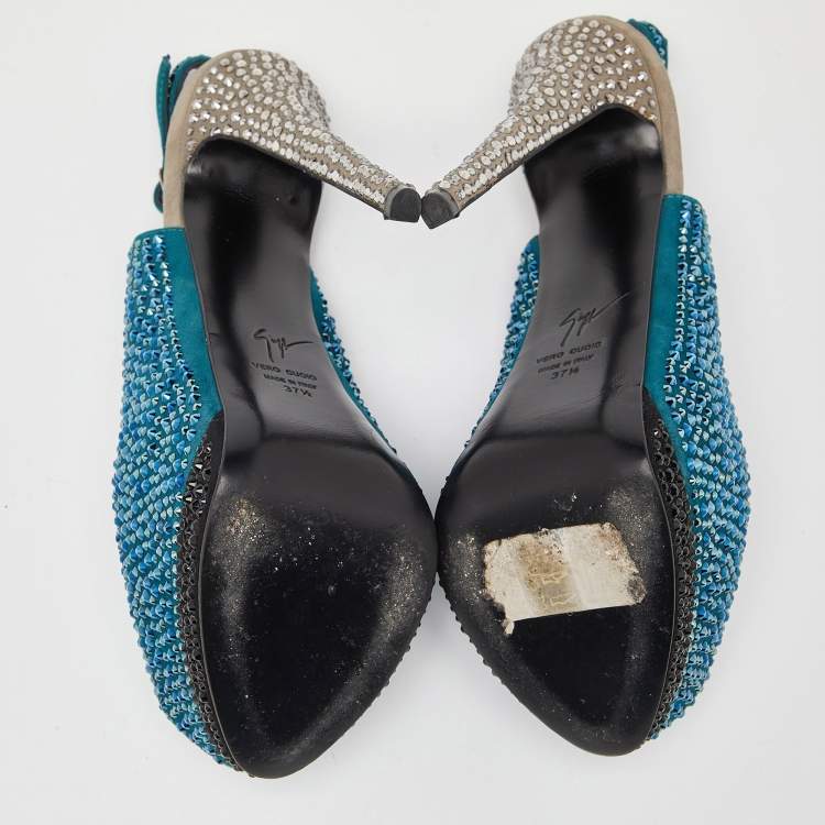 Pre Owned Giuseppe Zanotti Tri Color Suede Crystal Embellished Peep Toe Platform Slingback Sandals Size 37.5