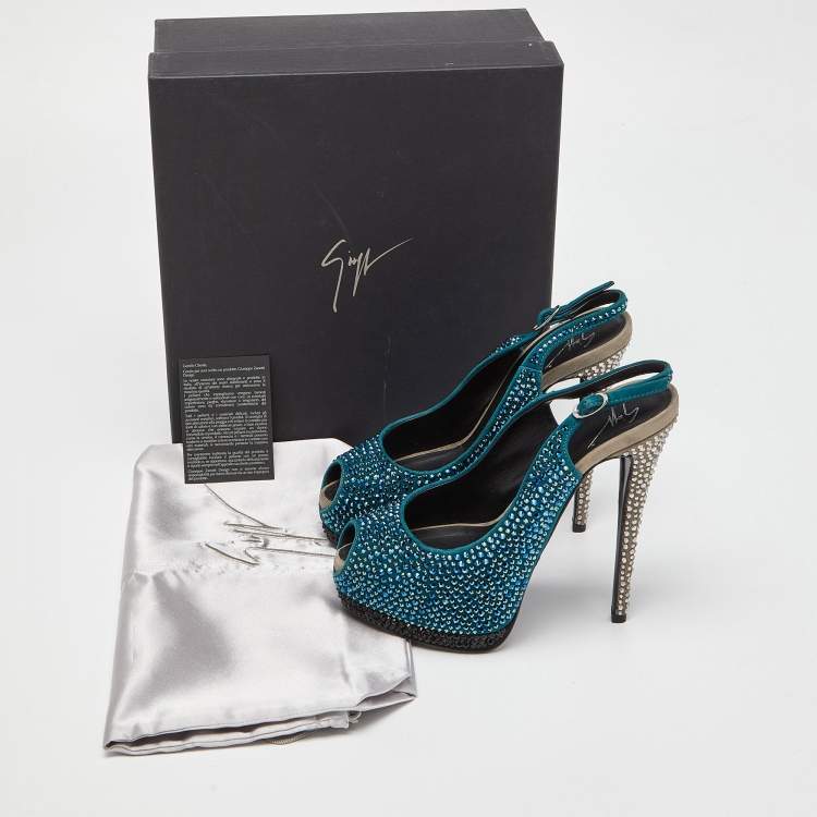 Pre Owned Giuseppe Zanotti Tri Color Suede Crystal Embellished Peep Toe Platform Slingback Sandals Size 37.5
