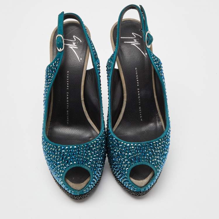 Pre Owned Giuseppe Zanotti Tri Color Suede Crystal Embellished Peep Toe Platform Slingback Sandals Size 37.5