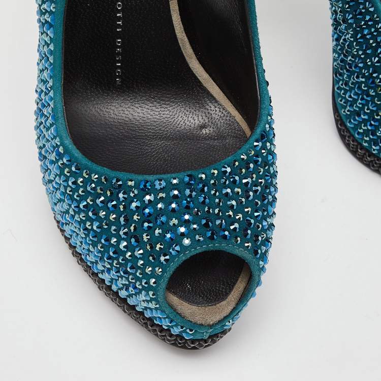 Pre Owned Giuseppe Zanotti Tri Color Suede Crystal Embellished Peep Toe Platform Slingback Sandals Size 37.5