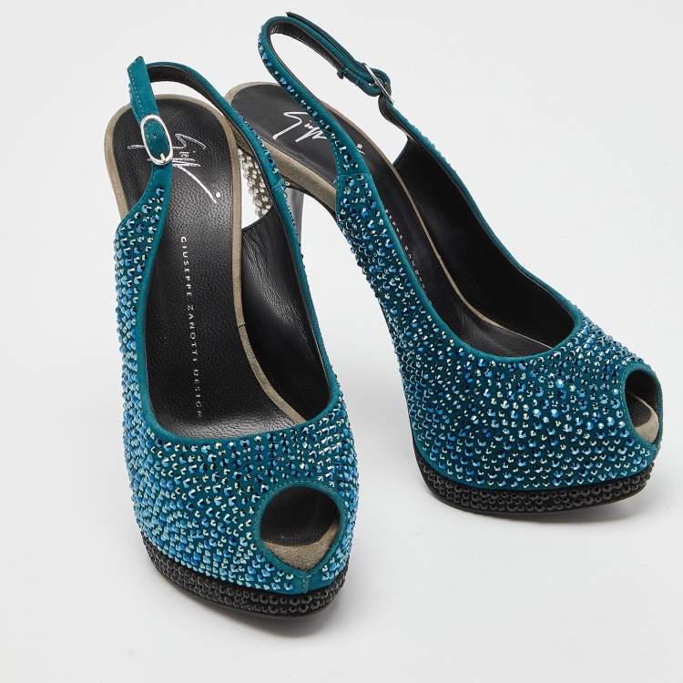 Pre Owned Giuseppe Zanotti Tri Color Suede Crystal Embellished Peep Toe Platform Slingback Sandals Size 37.5