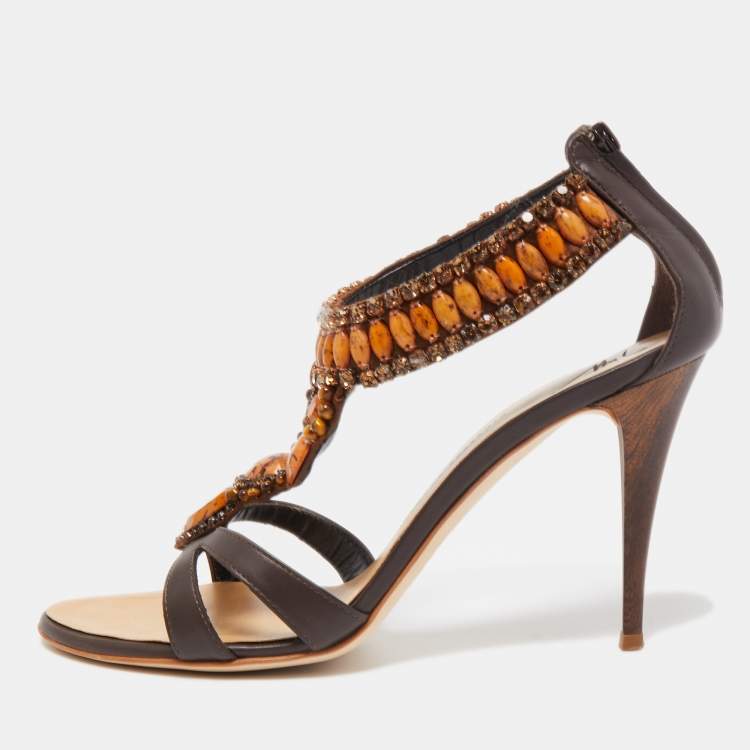 Pre Owned Giuseppe Zanotti Brown Leather Crystal Embellished T- Strap Sandals Size 39