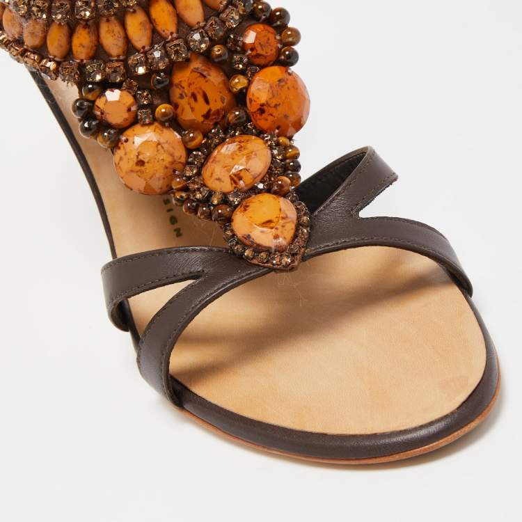 Pre Owned Giuseppe Zanotti Brown Leather Crystal Embellished T- Strap Sandals Size 39