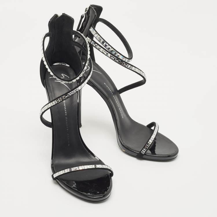Pre Owned Giuseppe Zannoti Black Patent Leather and Suede Callipe Crystal Embellished Strappy Sandals Size 40