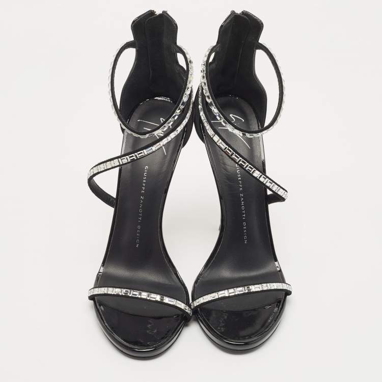 Pre Owned Giuseppe Zannoti Black Patent Leather and Suede Callipe Crystal Embellished Strappy Sandals Size 40