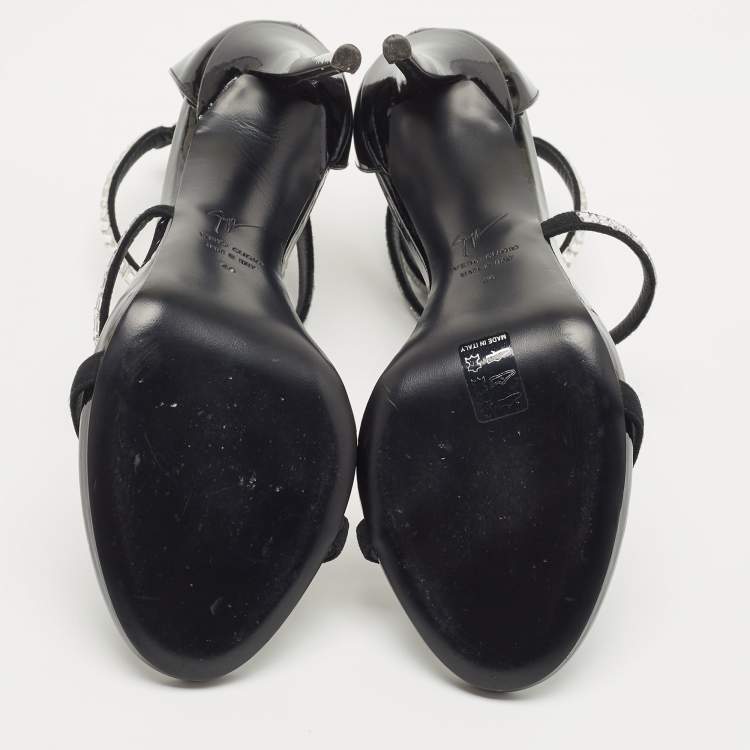 Pre Owned Giuseppe Zannoti Black Patent Leather and Suede Callipe Crystal Embellished Strappy Sandals Size 40