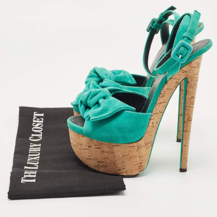 Pre Owned Giuseppe Zanotti Green Suede Bow Cork Wedge Platform Ankle Strap Sandals Size 38