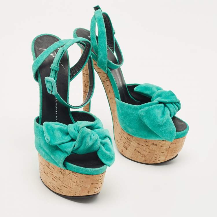 Pre Owned Giuseppe Zanotti Green Suede Bow Cork Wedge Platform Ankle Strap Sandals Size 38