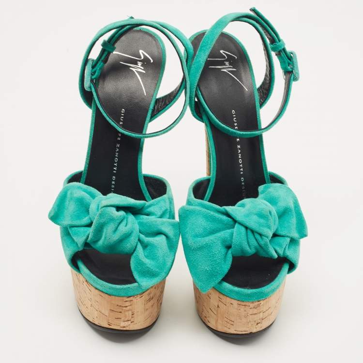 Pre Owned Giuseppe Zanotti Green Suede Bow Cork Wedge Platform Ankle Strap Sandals Size 38