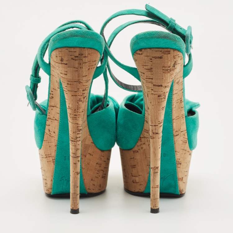 Pre Owned Giuseppe Zanotti Green Suede Bow Cork Wedge Platform Ankle Strap Sandals Size 38