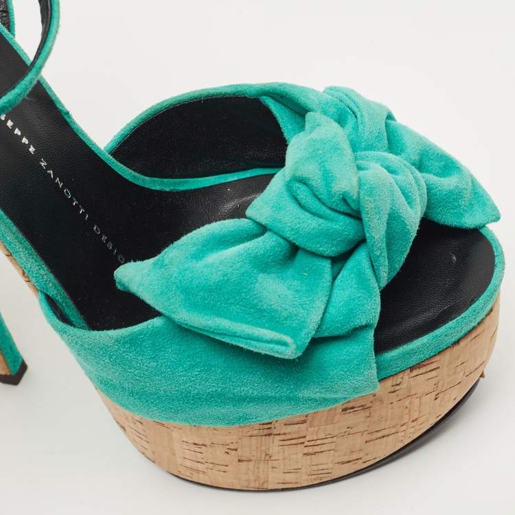 Pre Owned Giuseppe Zanotti Green Suede Bow Cork Wedge Platform Ankle Strap Sandals Size 38