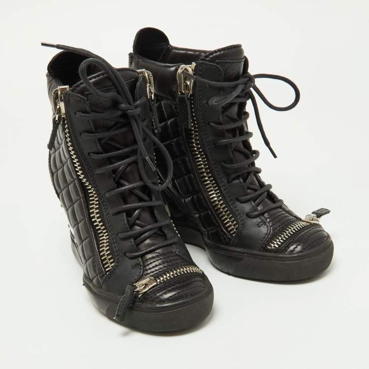 Pre Owned Giuseppe Zanotti Black Quilted Leather Wedge Sneakers Size 36.5